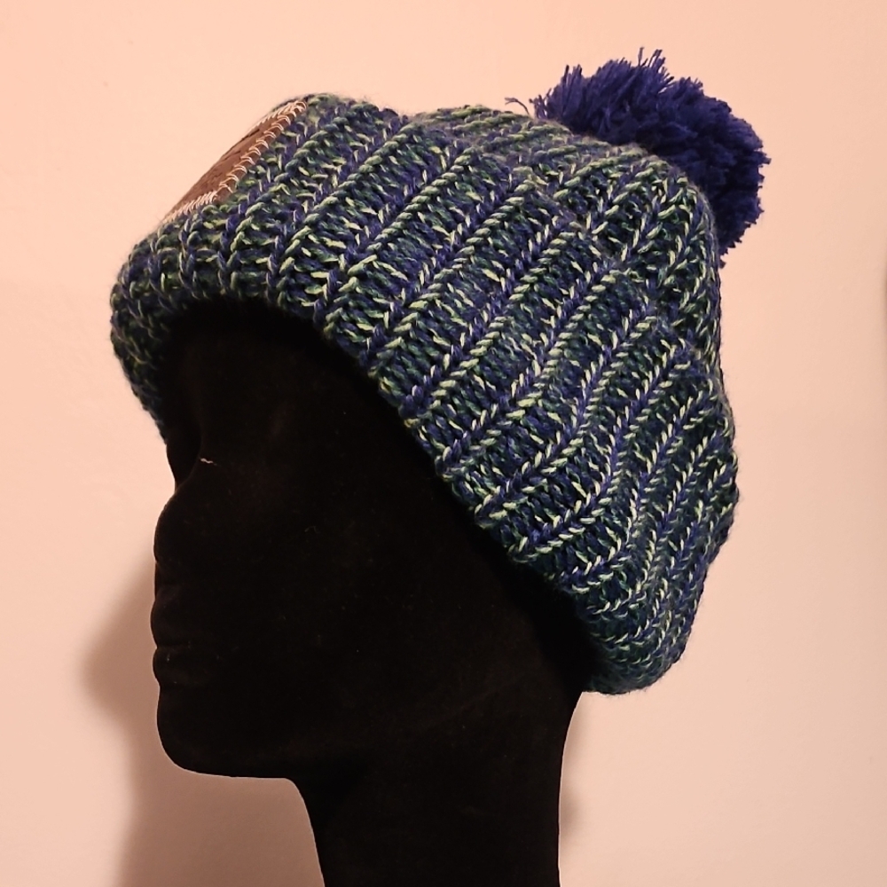 Blue and Green Knit Pom-Pom Beanie